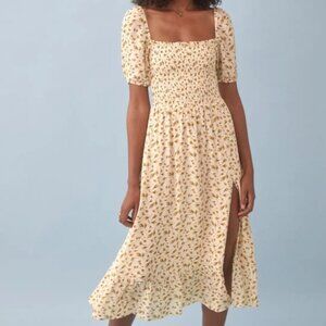 Reformation Womens L Meadow Dress Yellow Rose Bud Print Smocked Bodice Floral
